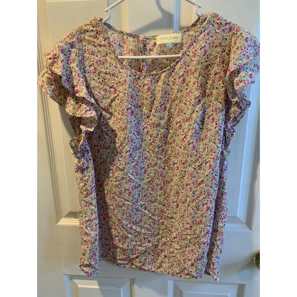 Cynthia Rowley Pink Mini Floral Blouse Women’s Large Short Sleeve